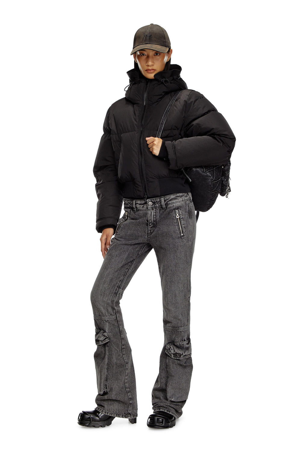 Women's Hooded down jacket in crinkled nylon Black