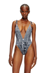Women's Plunging swimsuit with denim trompe l'oeil Blue