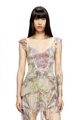 Women's Ruffle-shoulder knit top with medieval print Beige