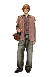 Men's Zip-up hoodie with destroyed effect Brown