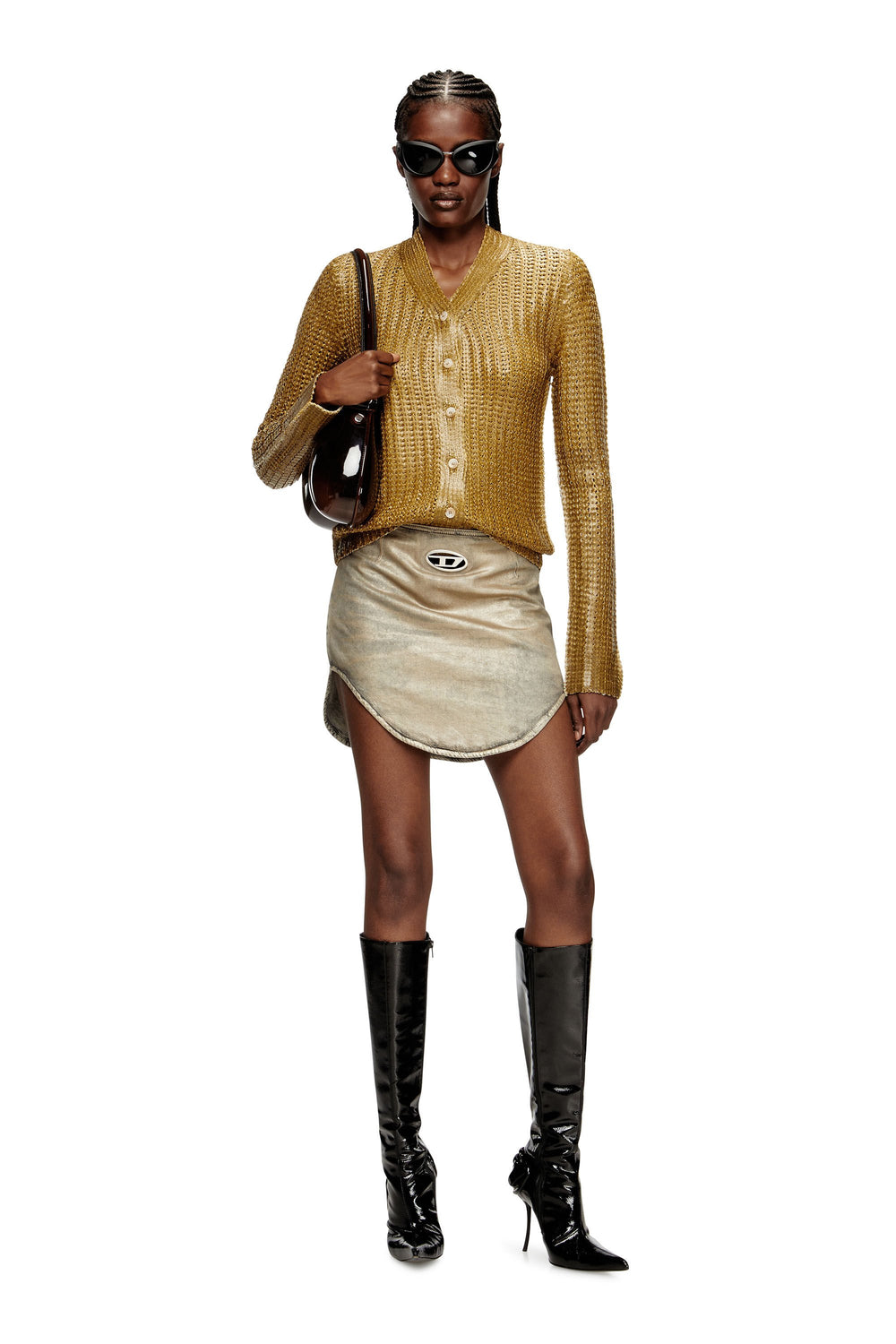 Women's Ribbed cardigan with shiny effect Brown