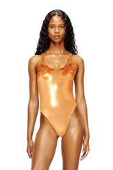 Women's Metallic swimsuit with lotus print Orange
