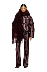 Women's Burgundy hooded puffer jacket in coated fabric Red