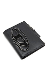 Women's Small leather wallet with logo plaque Black