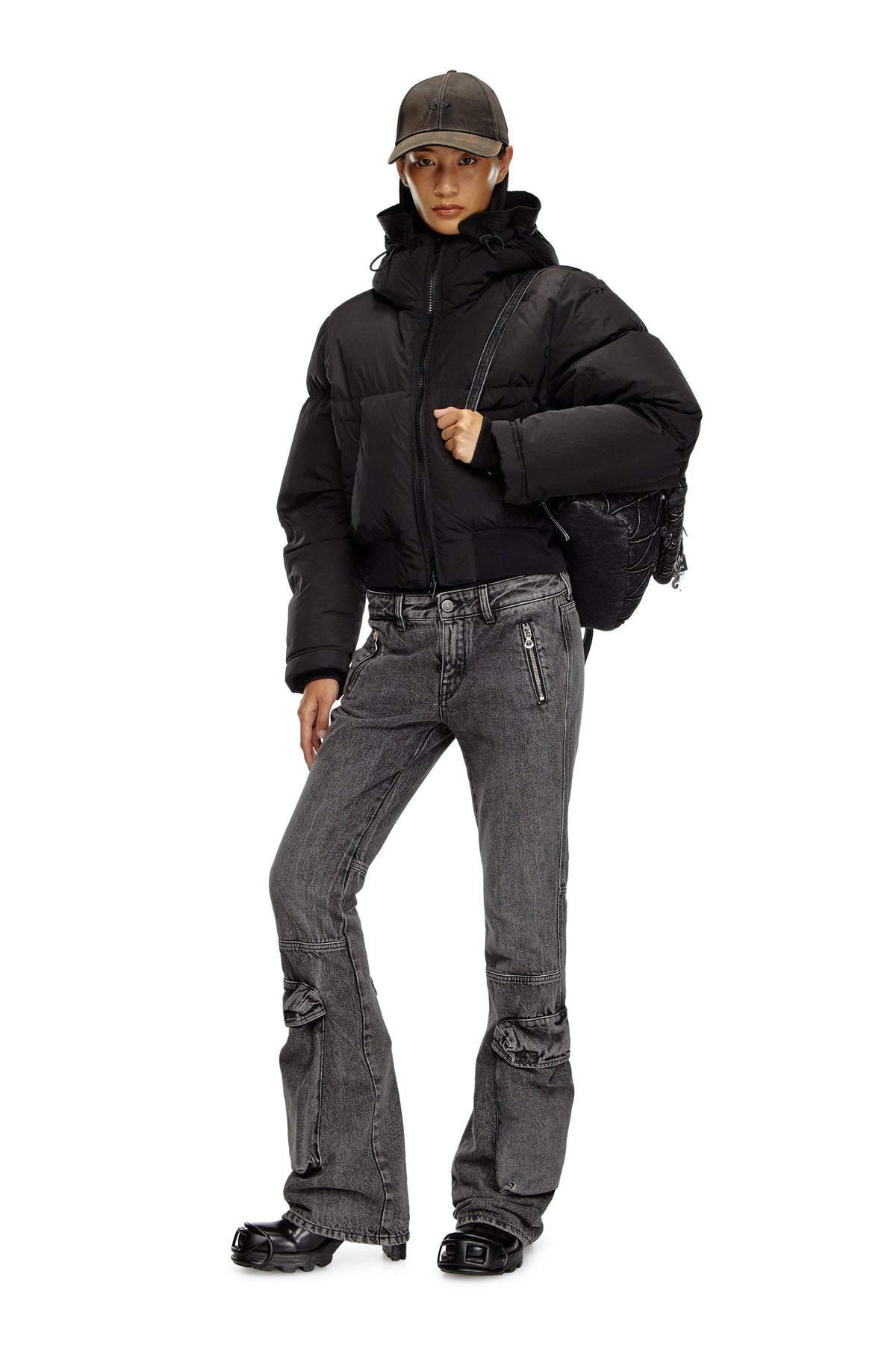 Women's Hooded down jacket in crinkled nylon Black