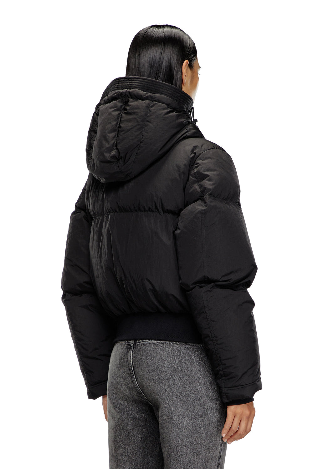Women's Hooded down jacket in crinkled nylon Black