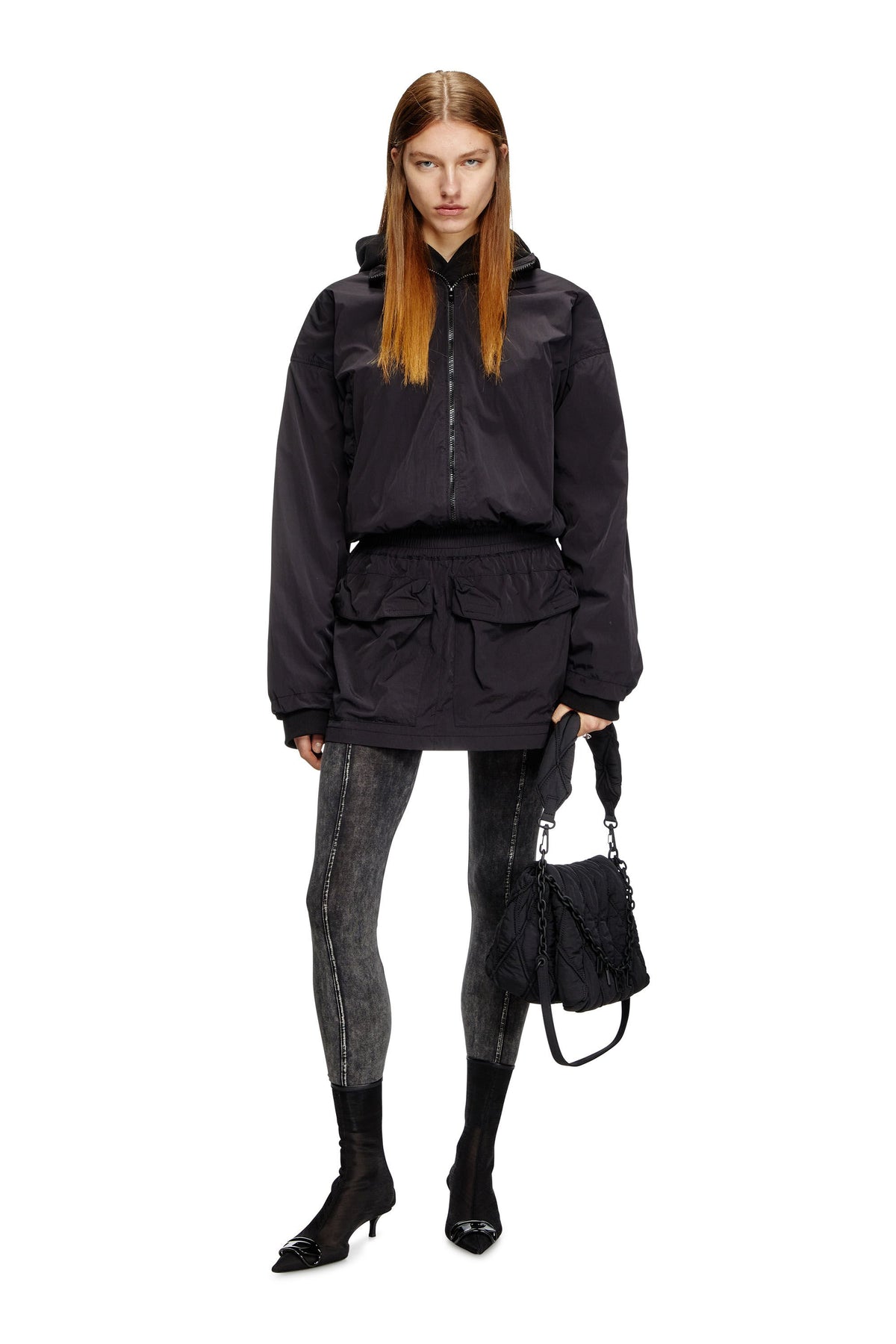 Women's Crinkled mini skirt with utility pockets Black