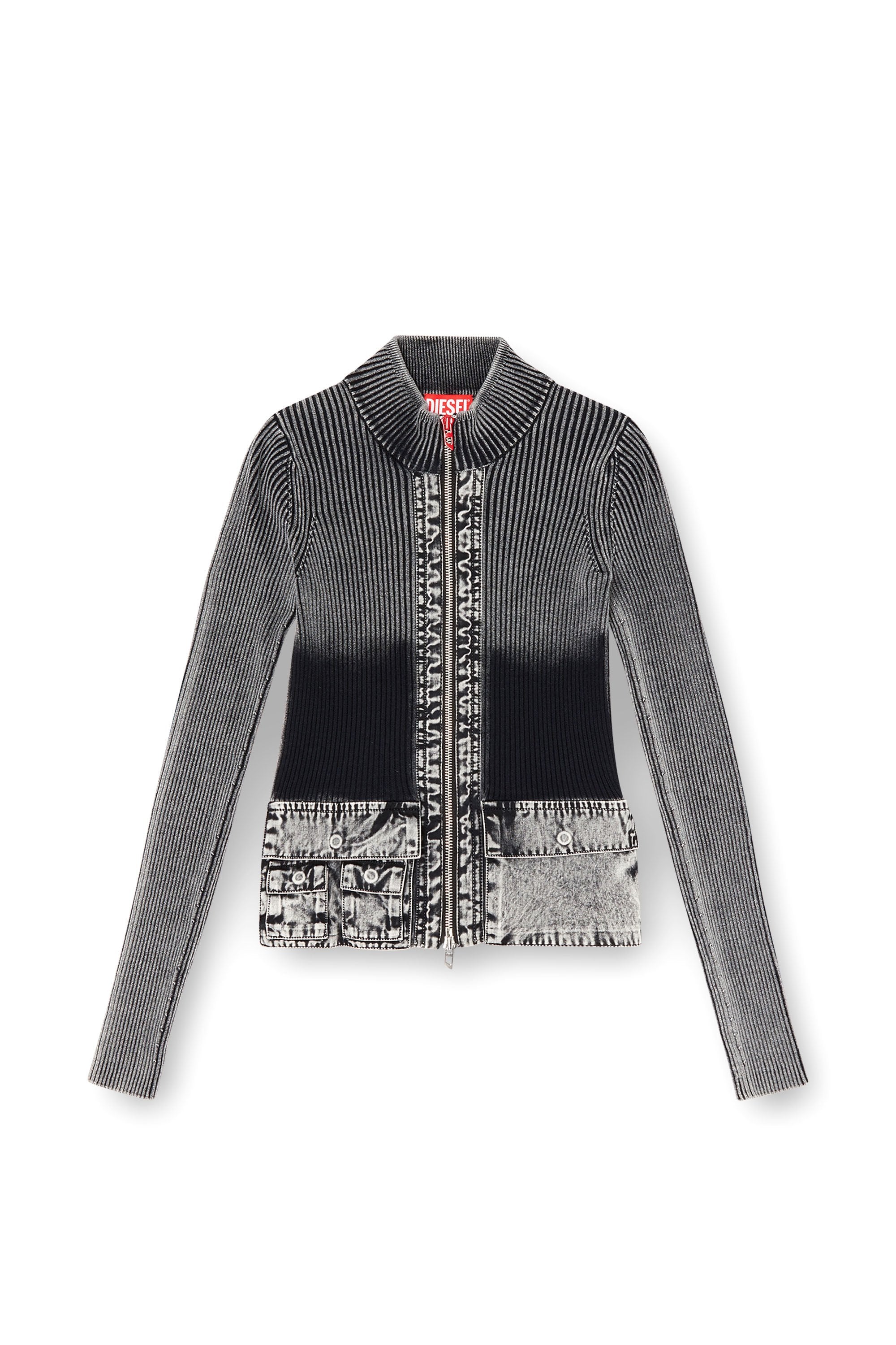 Women's Zip-up cardigan with denim cargo pockets Grey