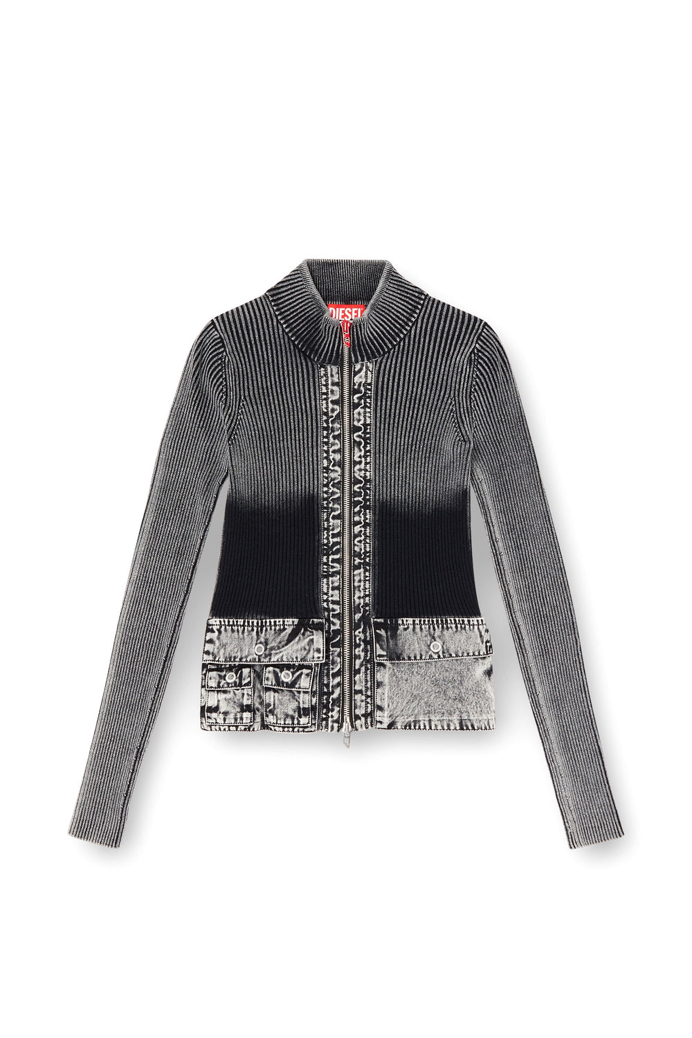 Women's Zip-up cardigan with denim cargo pockets Grey