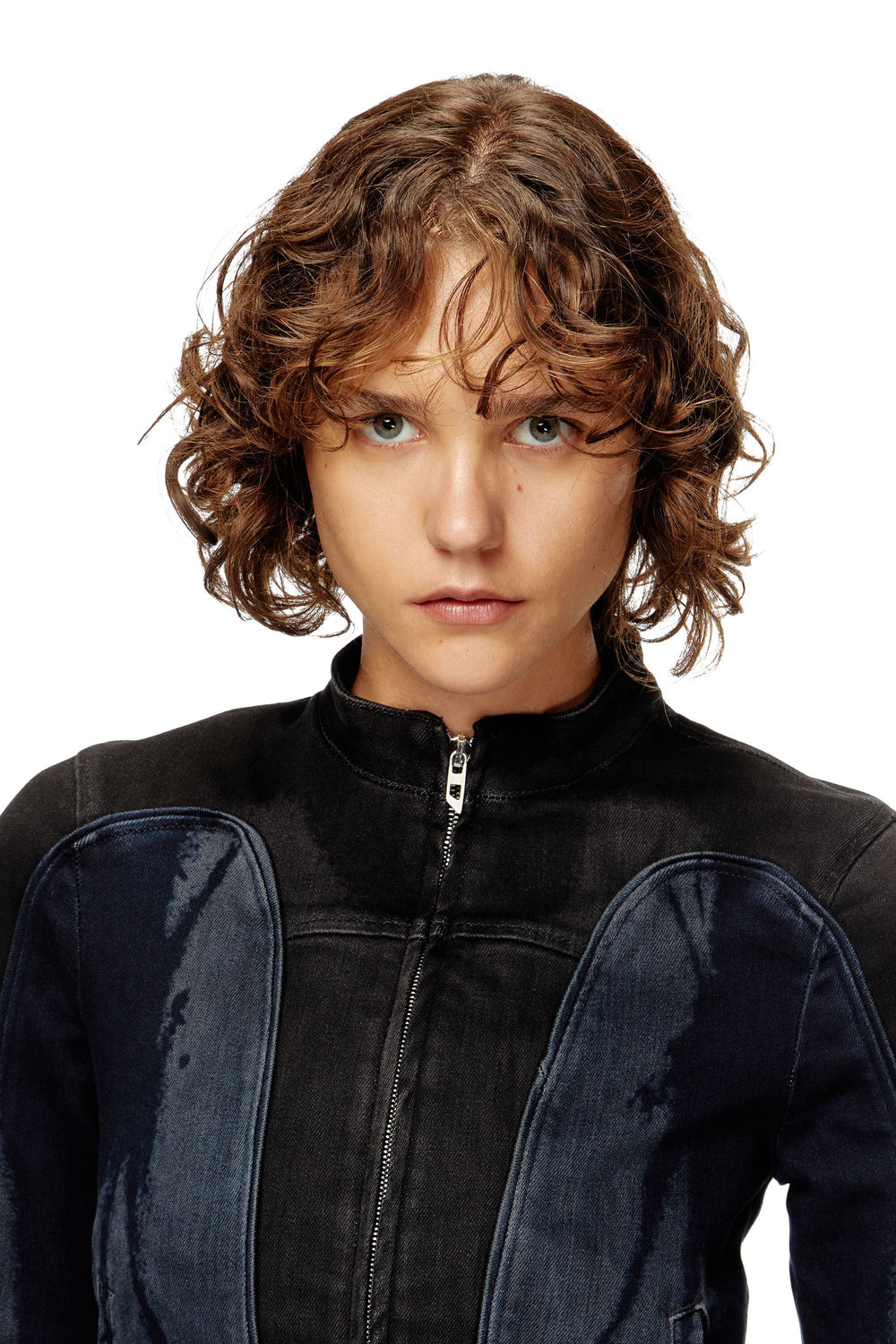 Women's Biker-style jacket in bicolour denim Multicolor