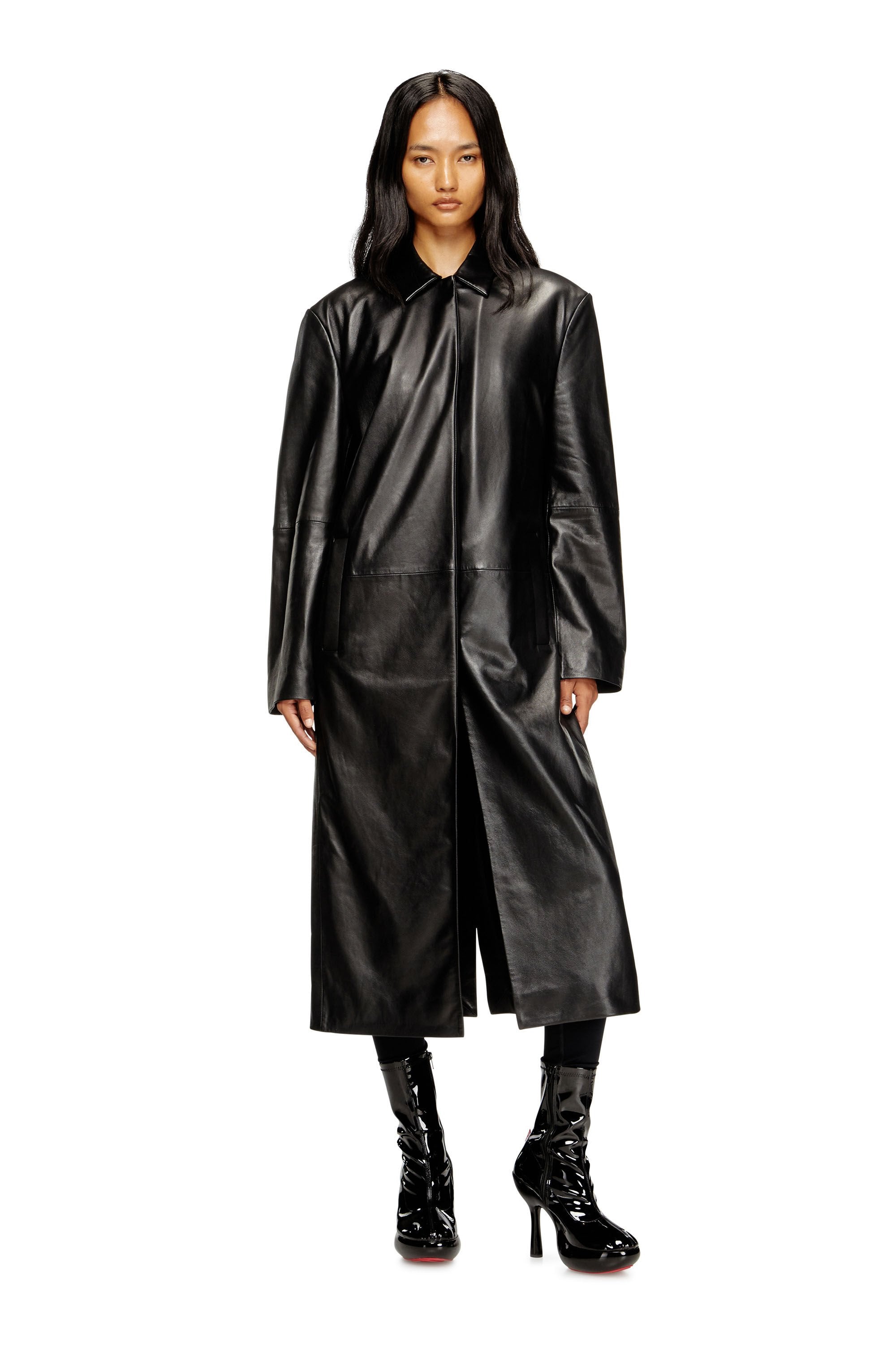 Women's Long padded leather coat Black