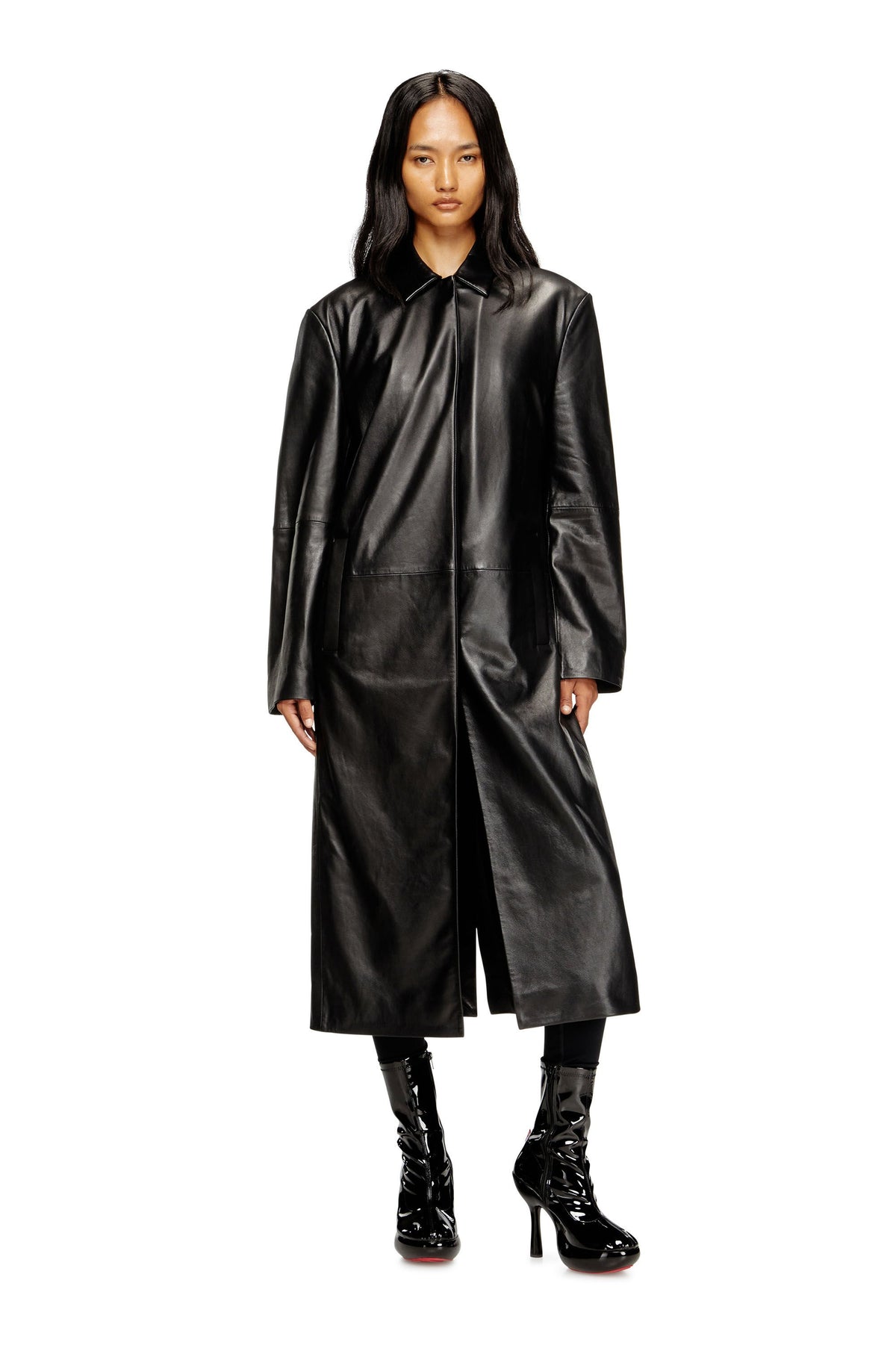 Women's Long padded leather coat Black