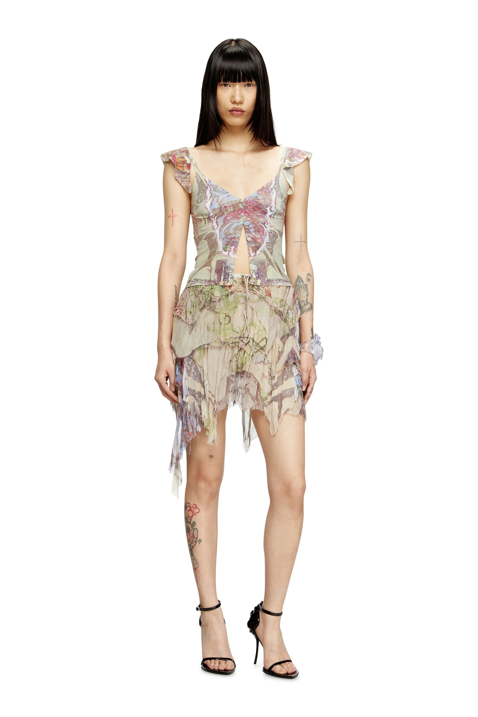 Women's Ruffle-shoulder knit top with medieval print Beige