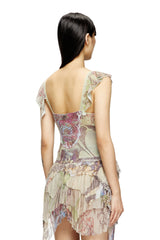 Women's Ruffle-shoulder knit top with medieval print Beige