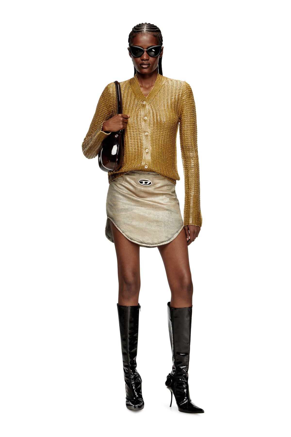 Women's Ribbed cardigan with shiny effect Brown