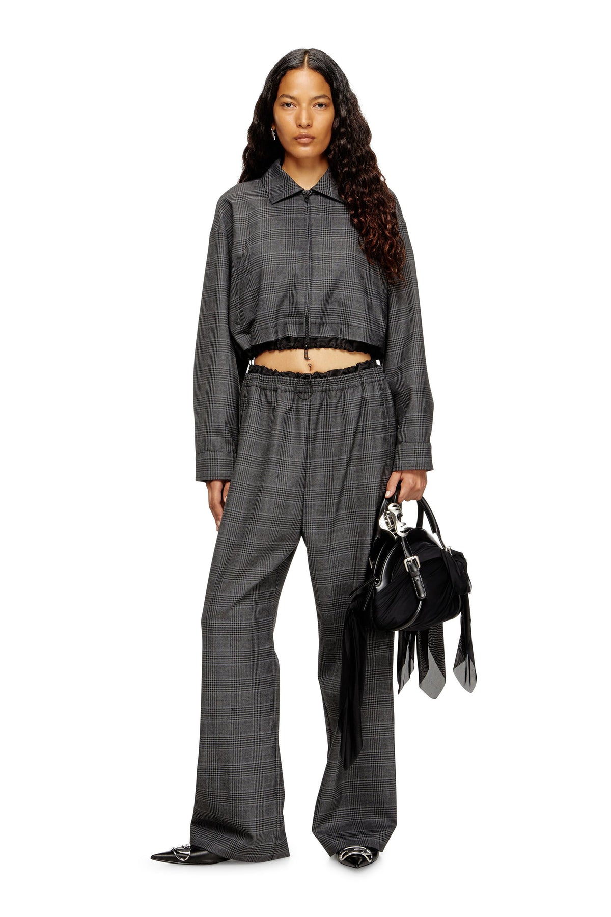 Women's Cropped Prince of Wales wool-blend coach jacket Black