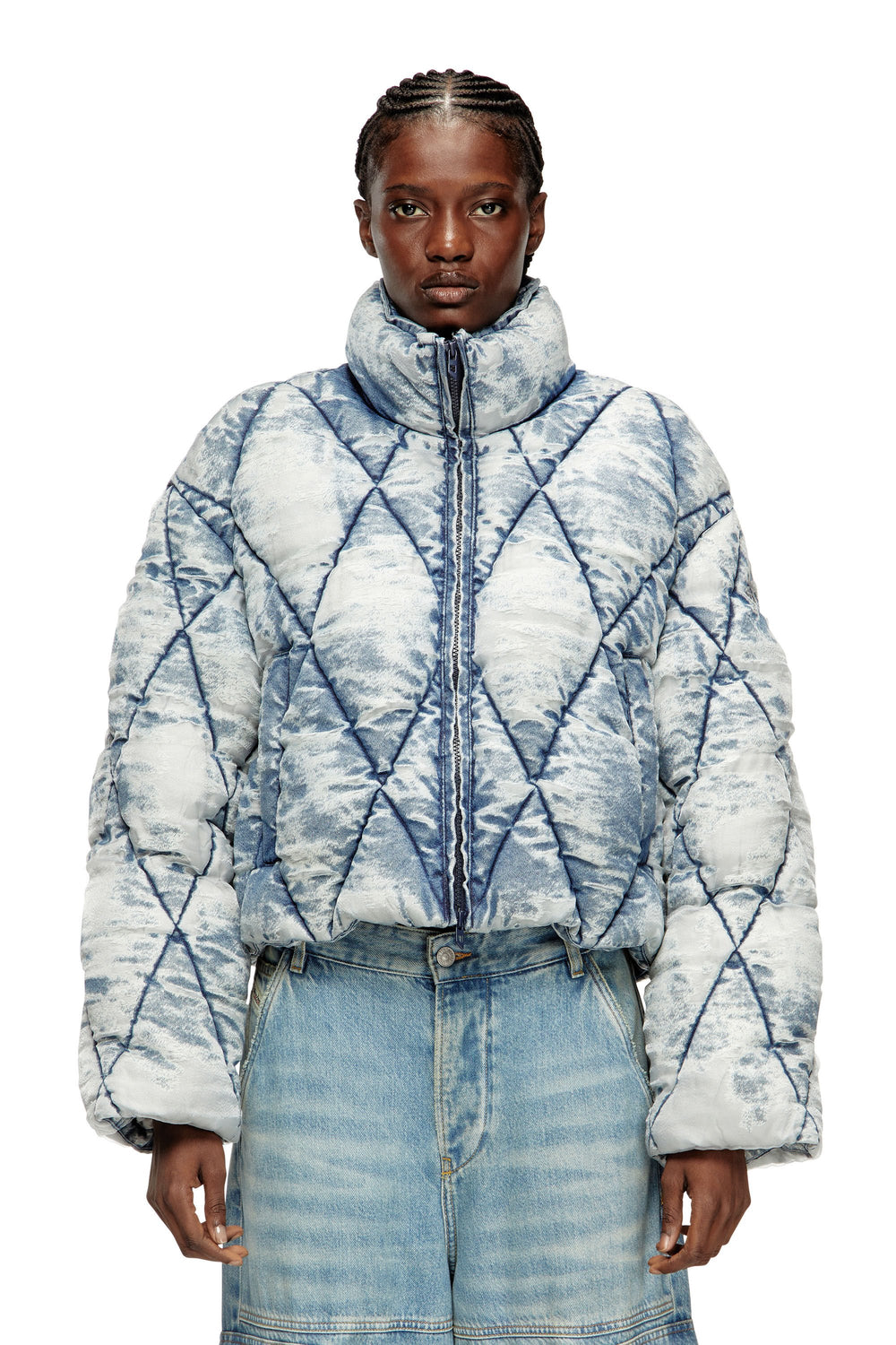Women's Puffer jacket in argyle-quilted devoré shell Blue