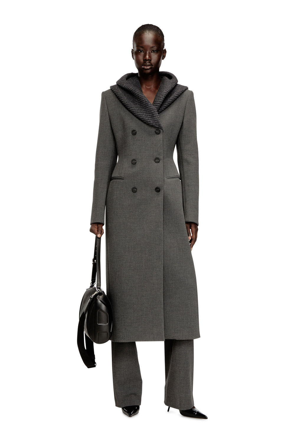 Women's Long hourglass coat with knitted cowl hood Grey