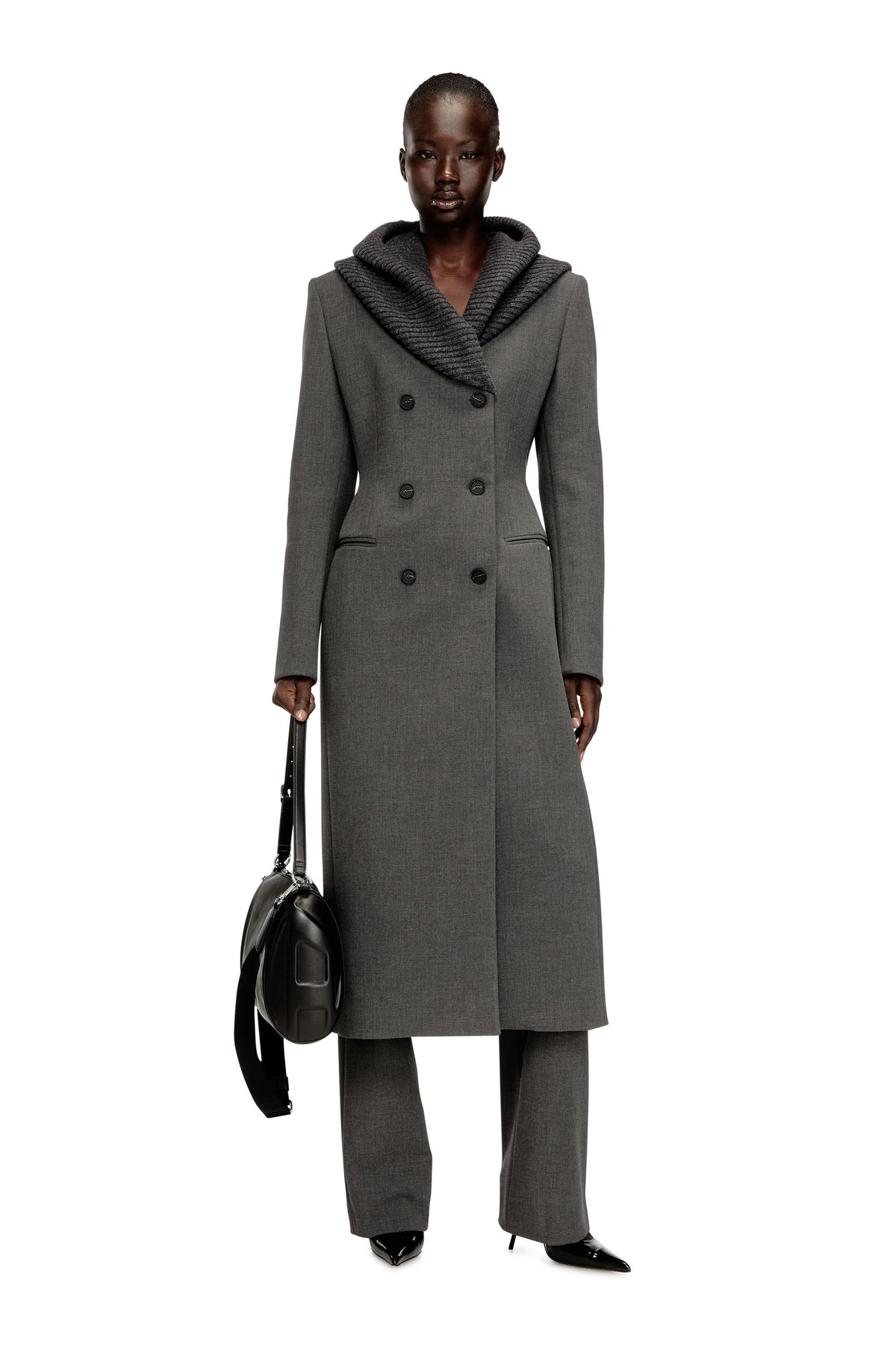 Women's Long hourglass coat with knitted cowl hood Grey