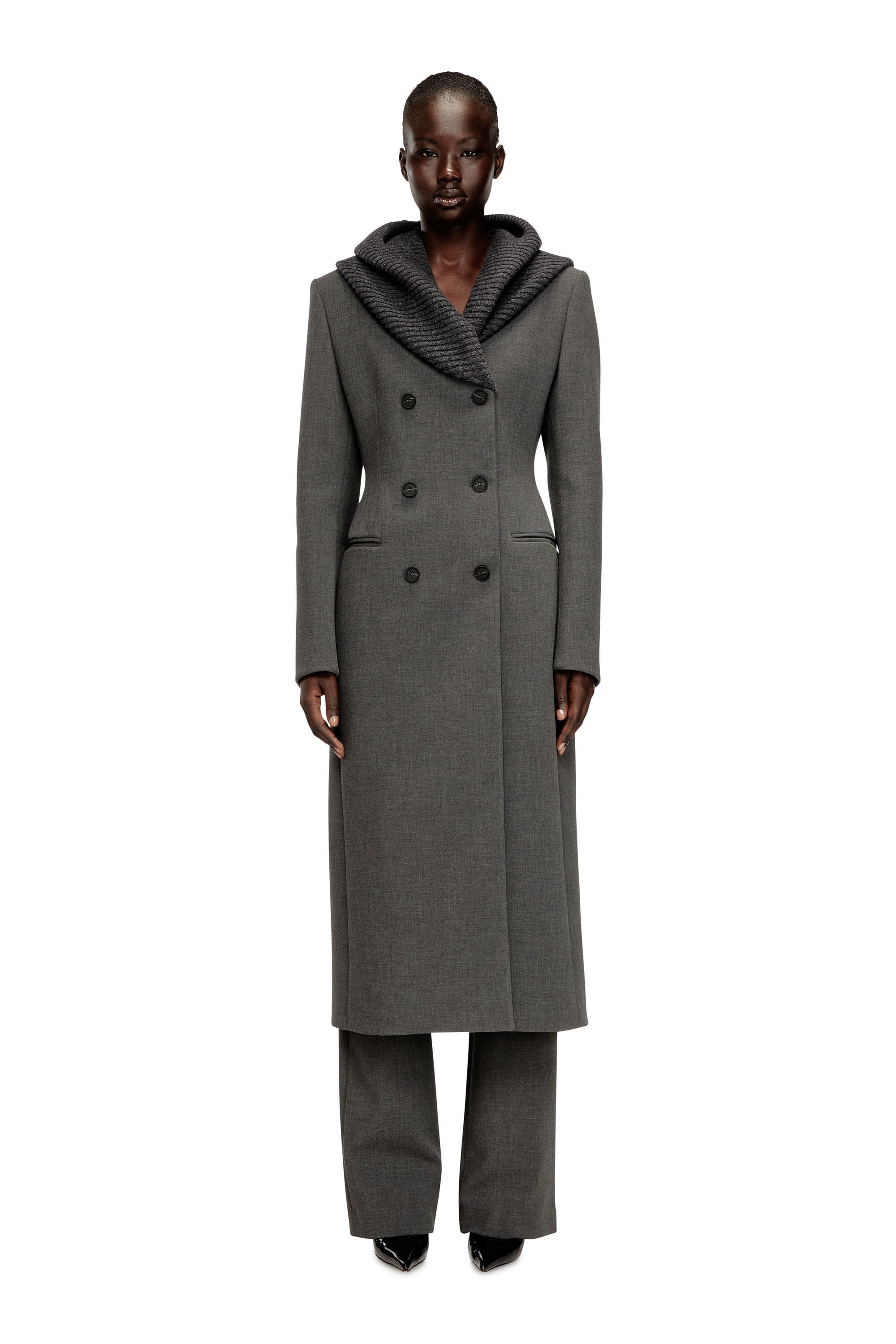 Women's Long hourglass coat with knitted cowl hood Grey