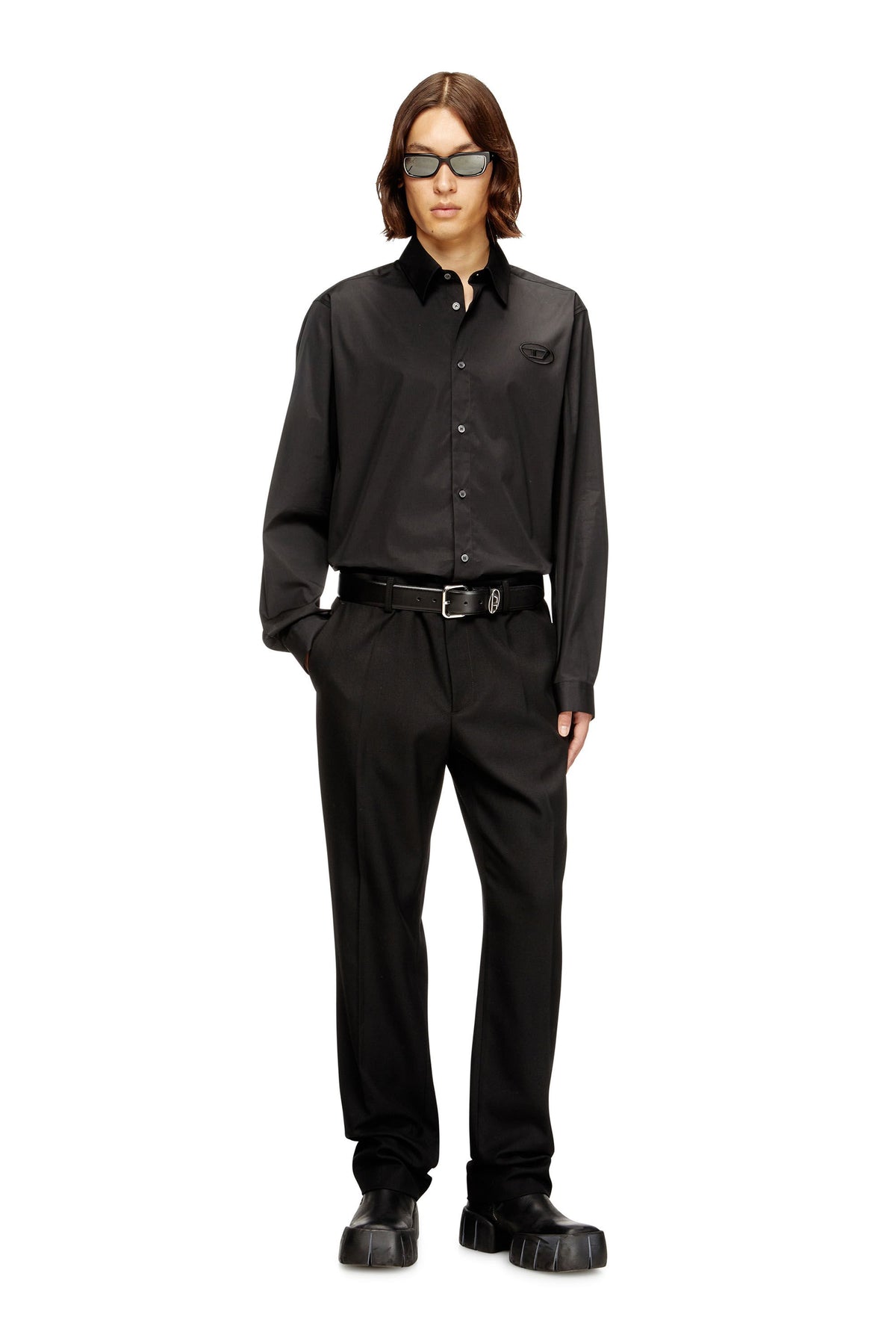 Men's Stretch poplin shirt with embroidery Black