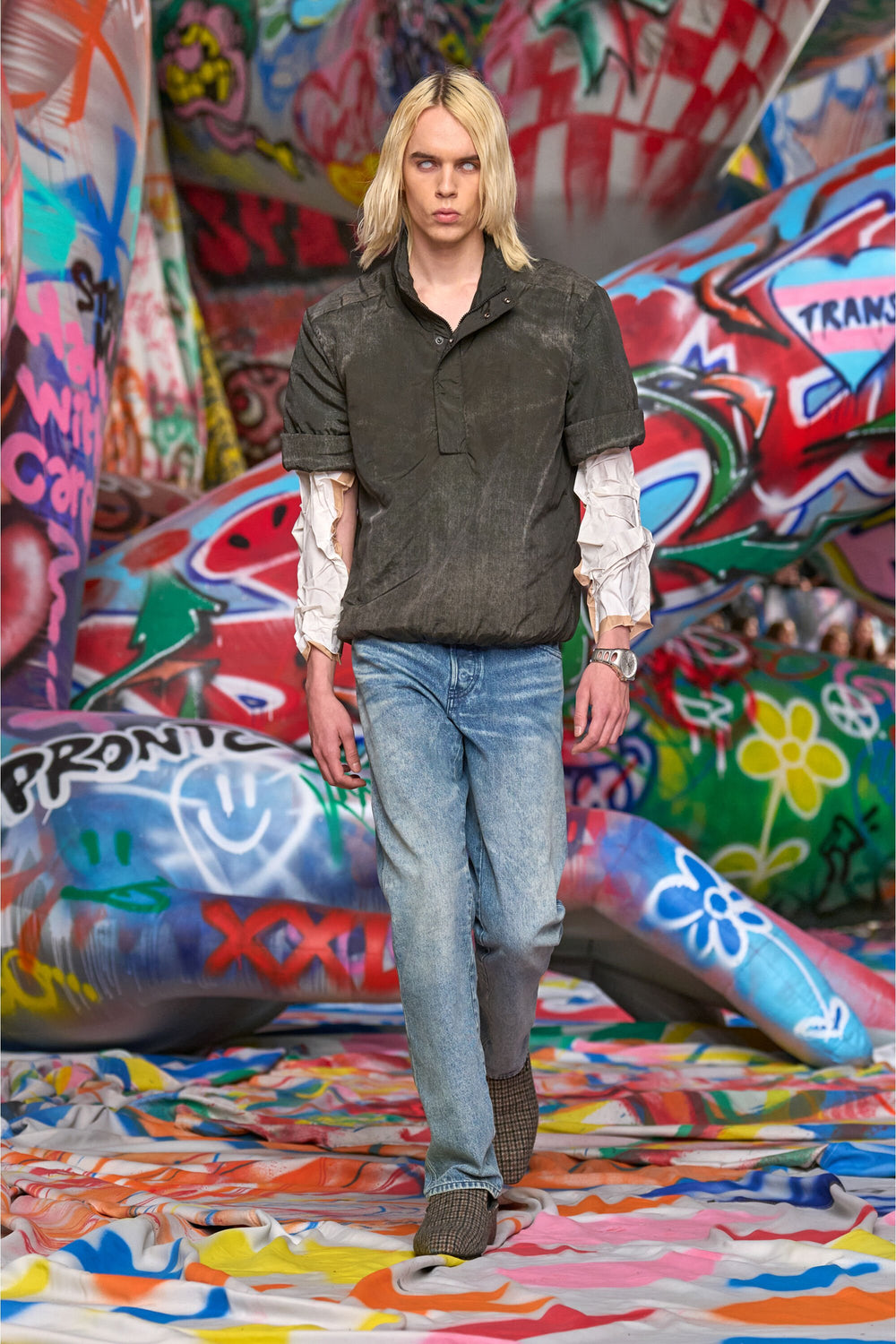 Men's Short-sleeve jacket in denim-effect nylon Black