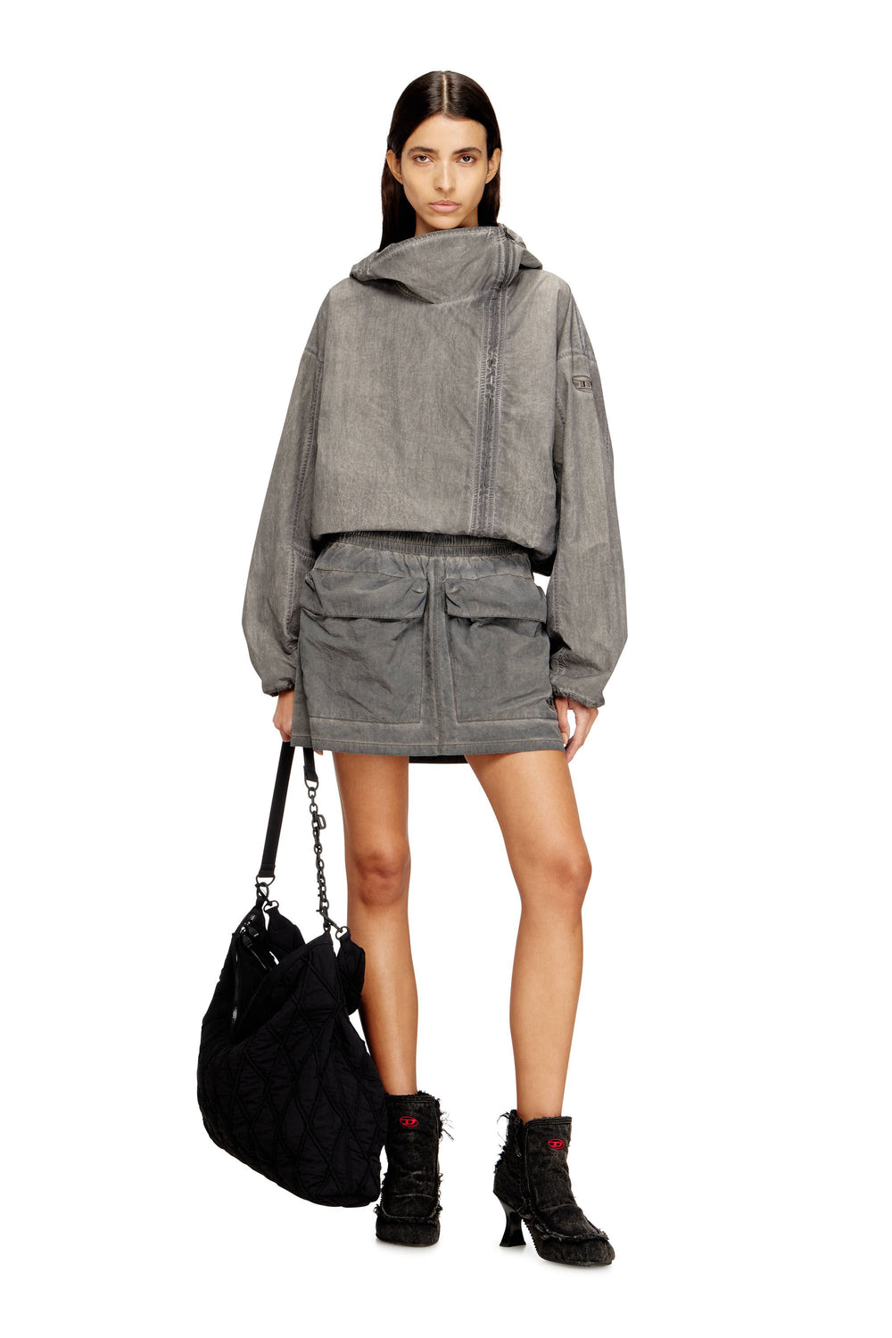 Women's Nylon mini skirt with maxi pouch pockets Grey