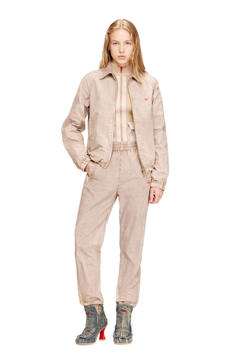 Women's Taslan jacket with striped sleeves Beige