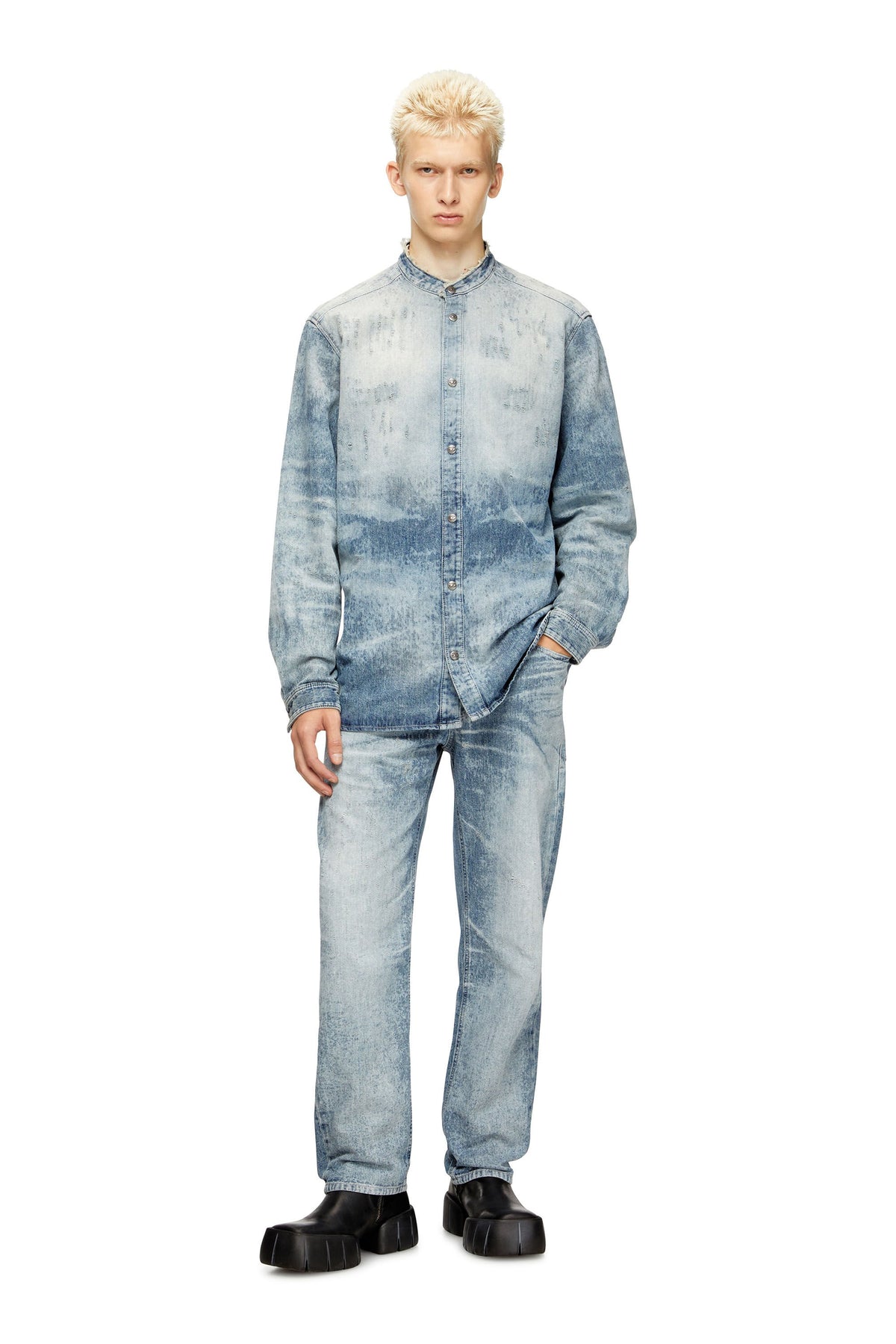 Men's Shirt in distressed honeycomb denim Blue