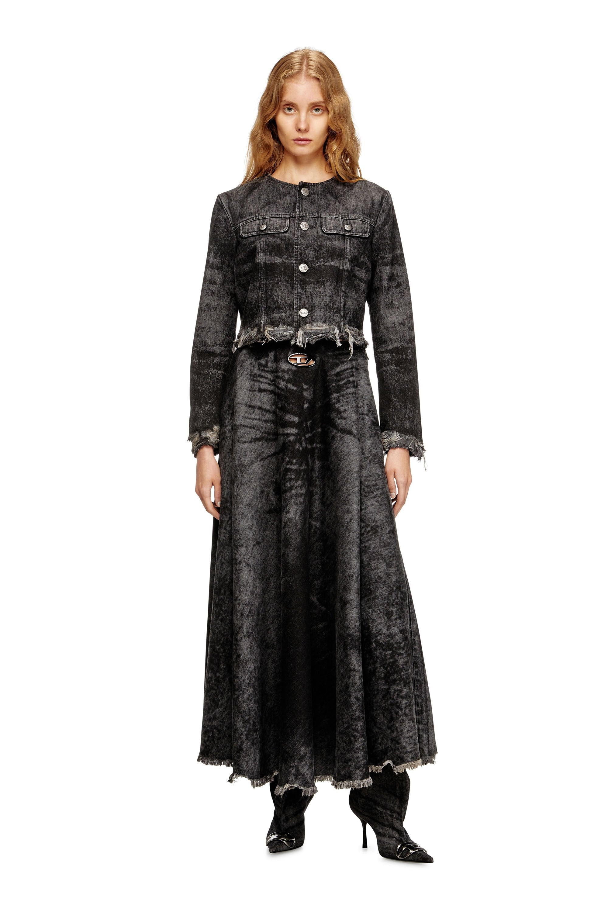 Women's Full skirt in lasered cotton-hemp denim Black