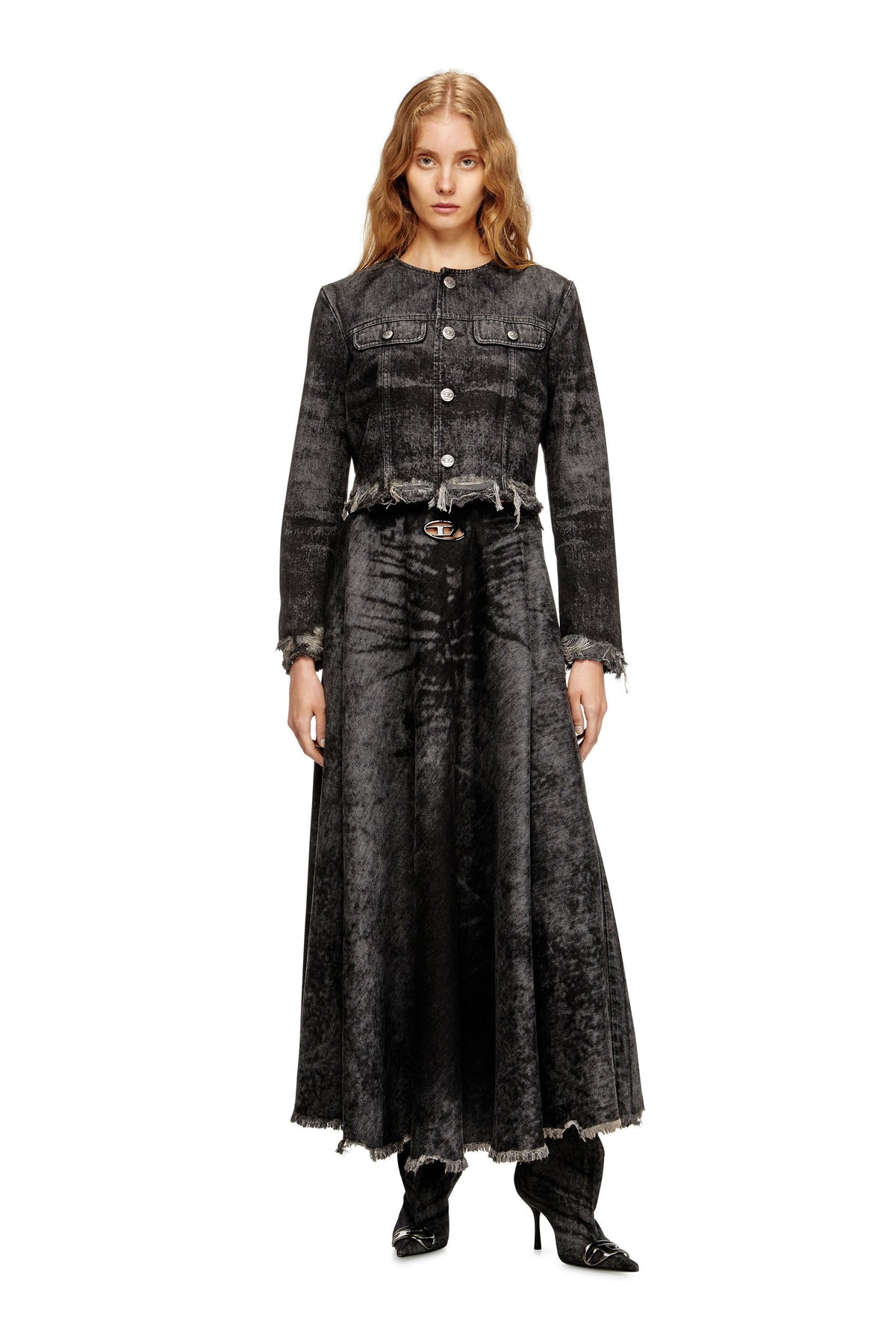 Women's Full skirt in lasered cotton-hemp denim Black