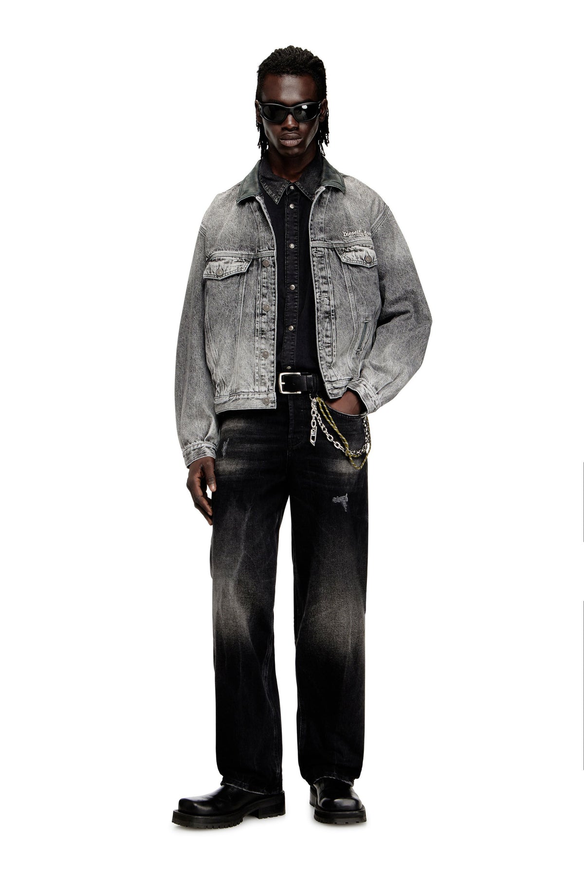 Women's Denim trucker jacket with tonal leather trims Grey
