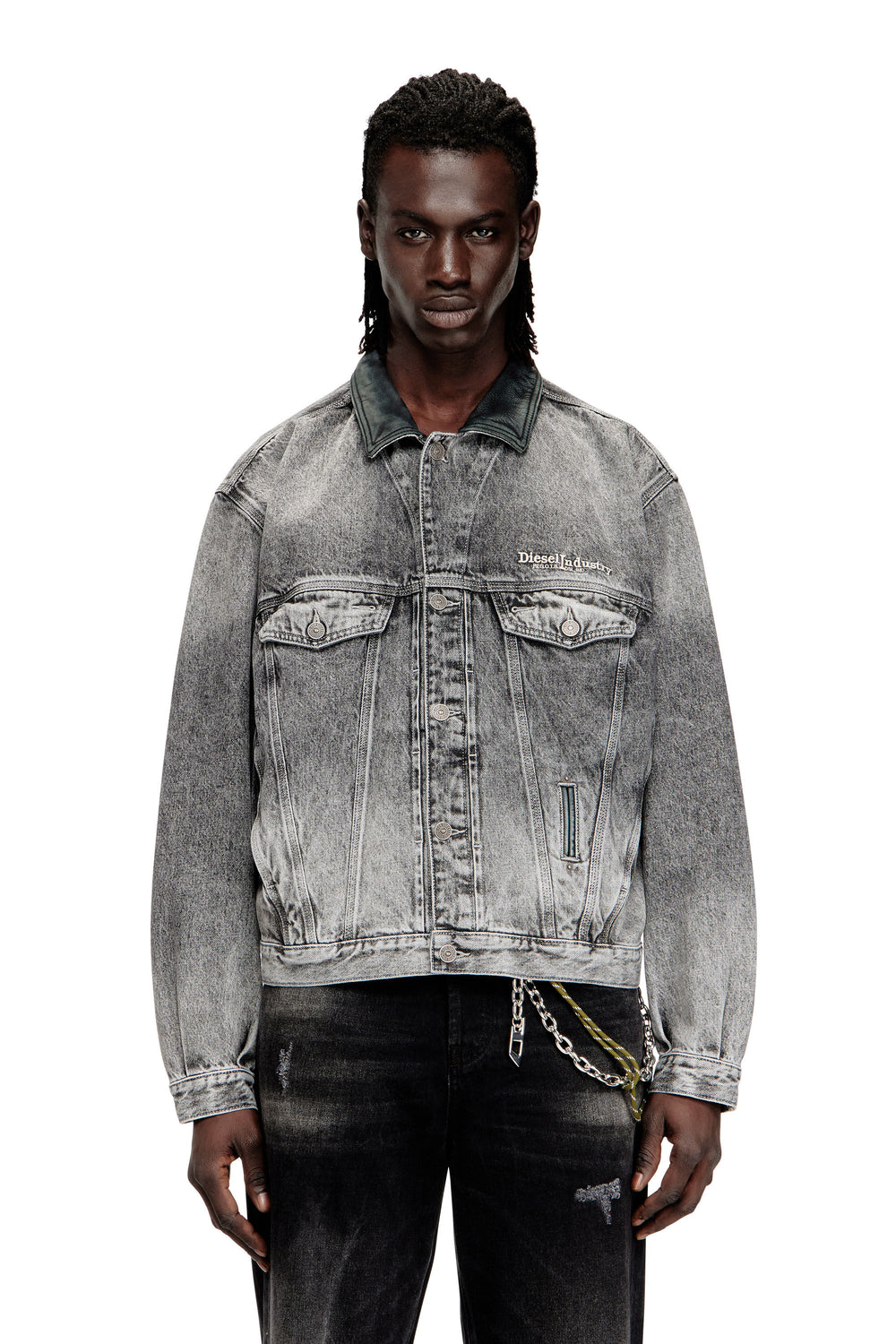 Women's Denim trucker jacket with tonal leather trims Grey