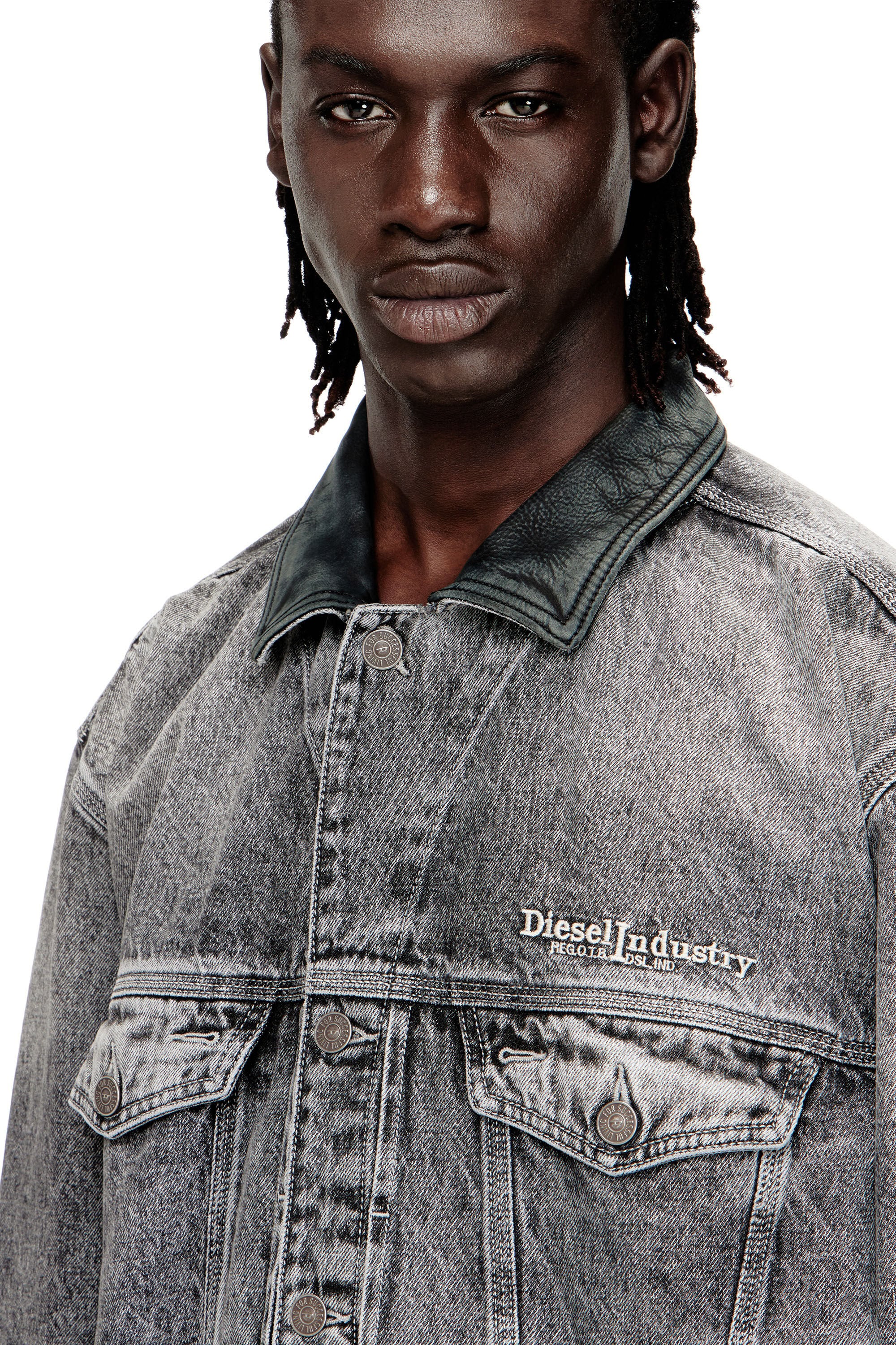 Women's Denim trucker jacket with tonal leather trims Grey