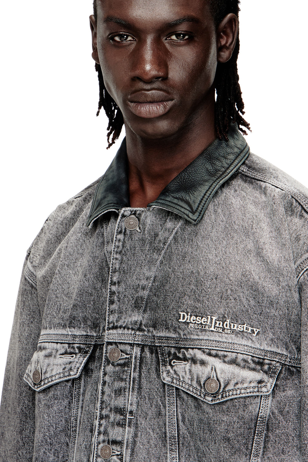 Women's Denim trucker jacket with tonal leather trims Grey