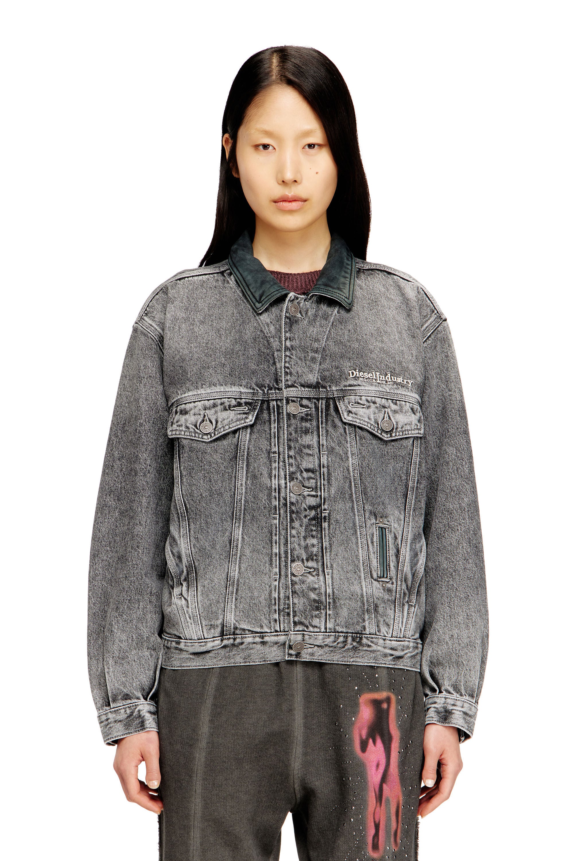 Women's Denim trucker jacket with tonal leather trims Grey