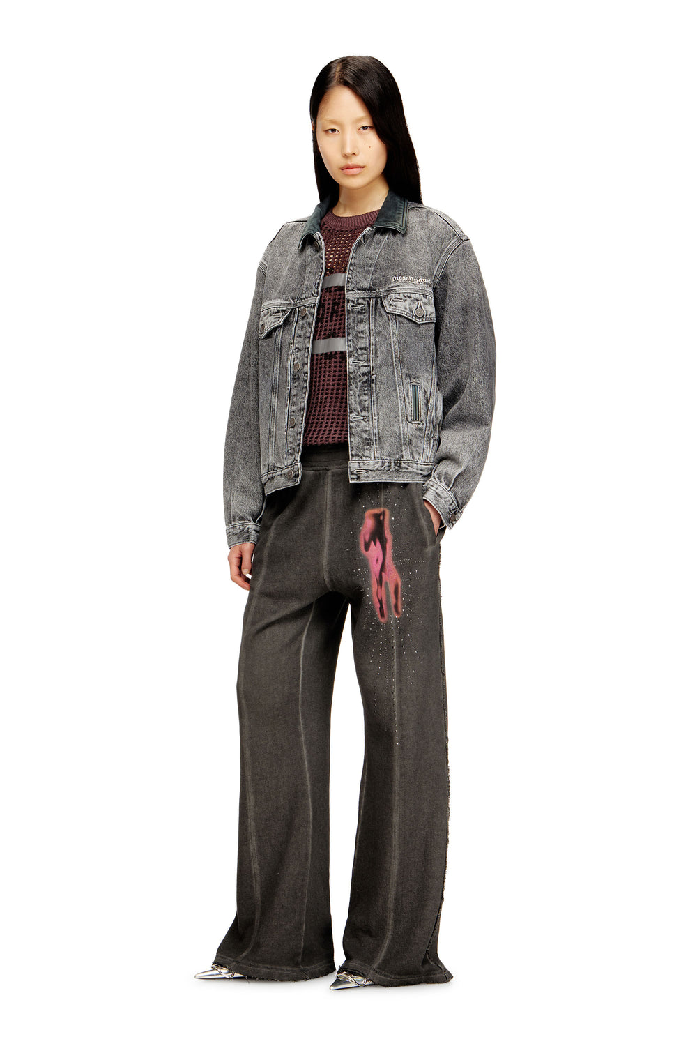 Women's Denim trucker jacket with tonal leather trims Grey
