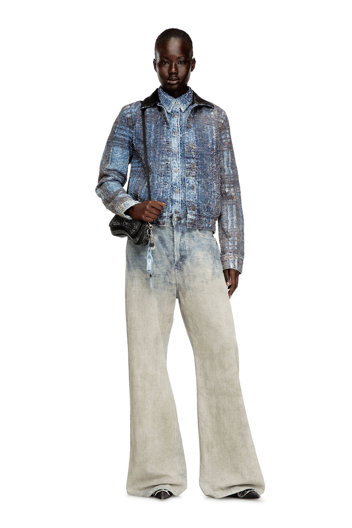 Women's Cropped jacket in graphic bouclé denim Blue