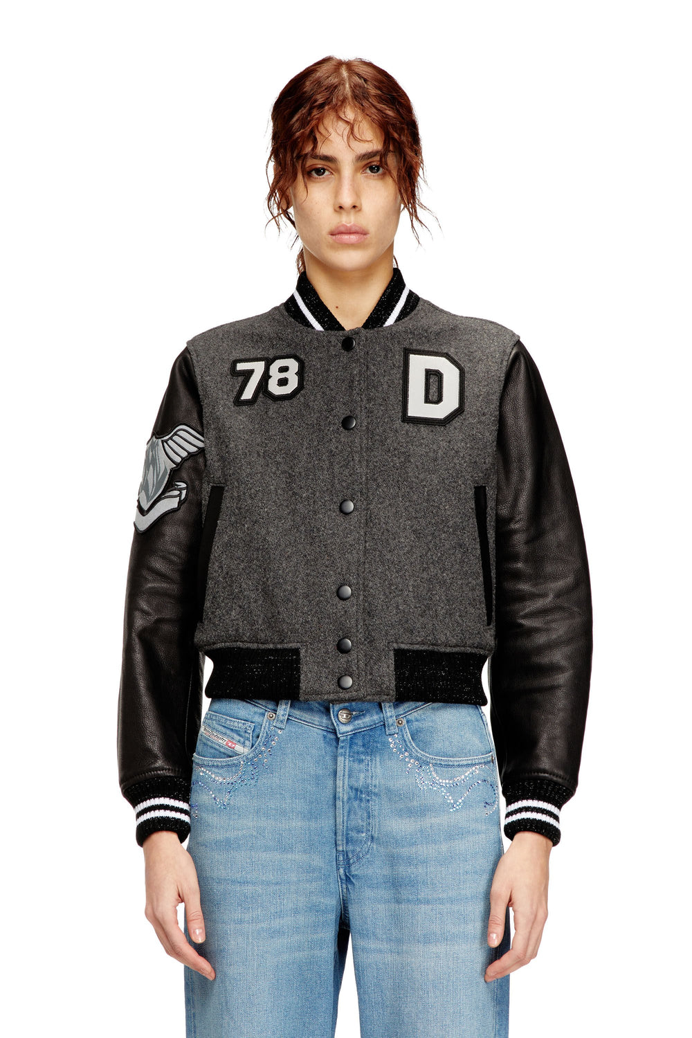 Women's Cropped varsity jacket in wool and leather Multicolor