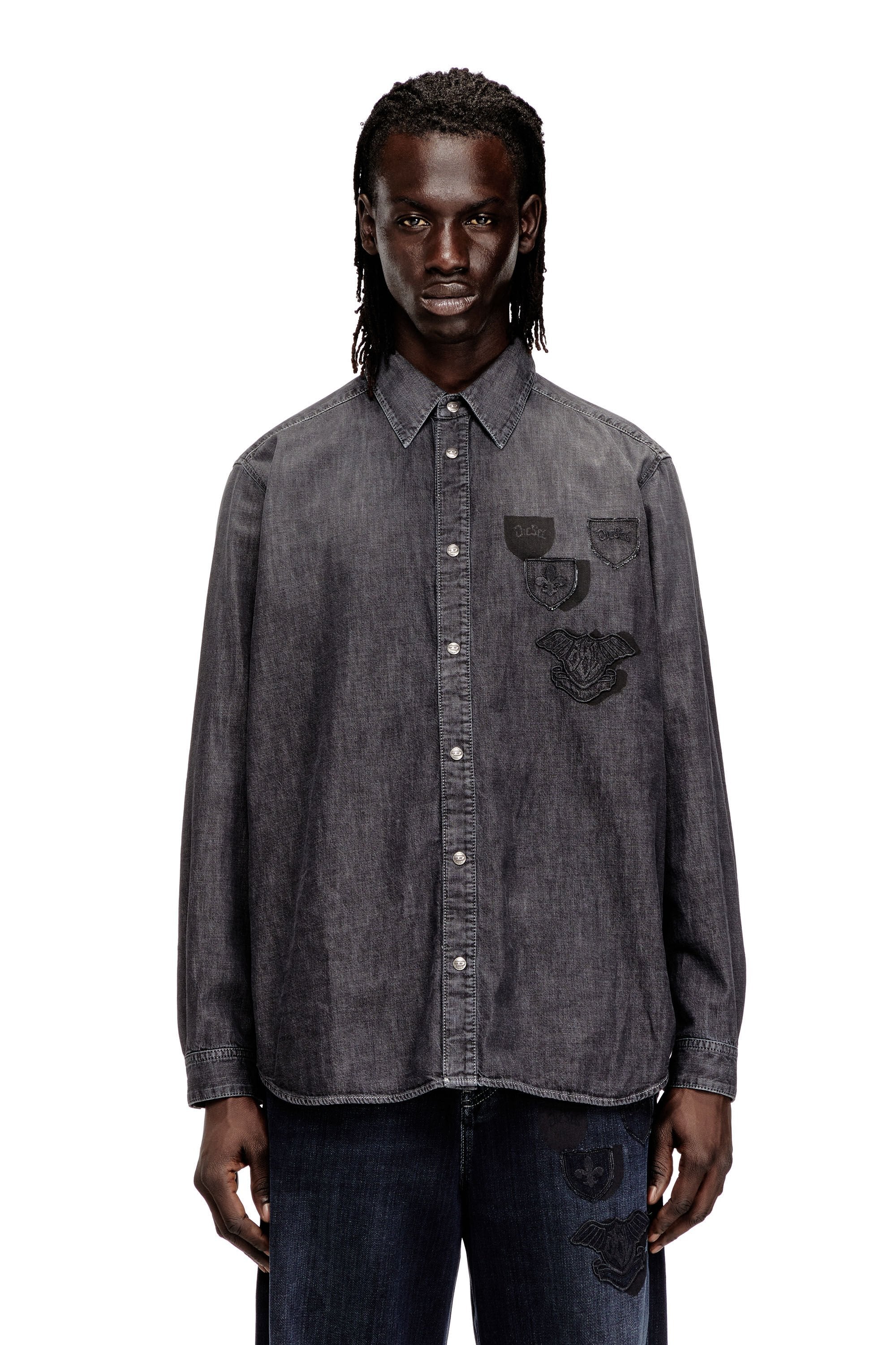 Men's Denim shirt with embroidered emblem Grey