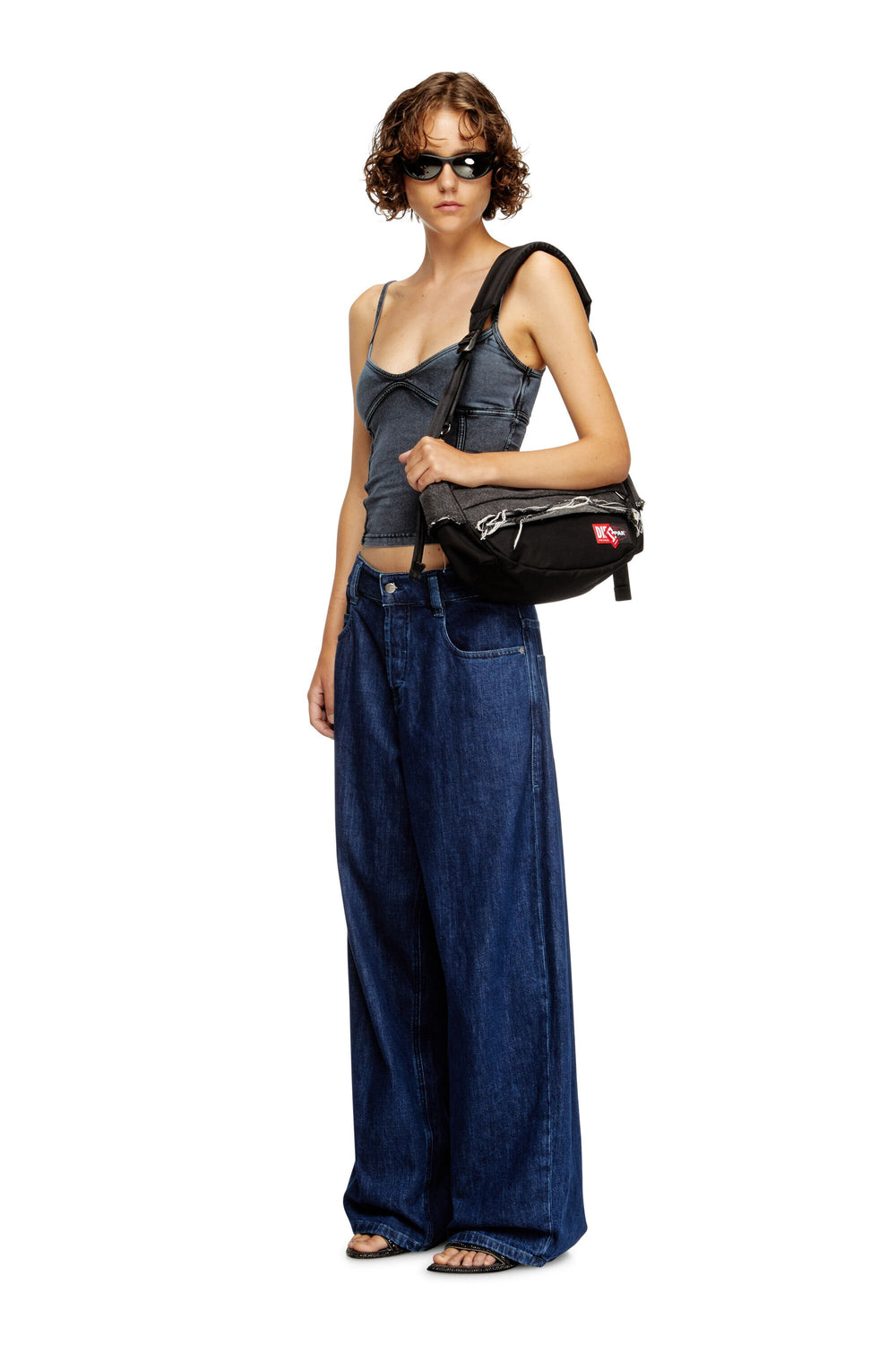 Women's Shoulder bag in destroyed denim and CORDURA® Black