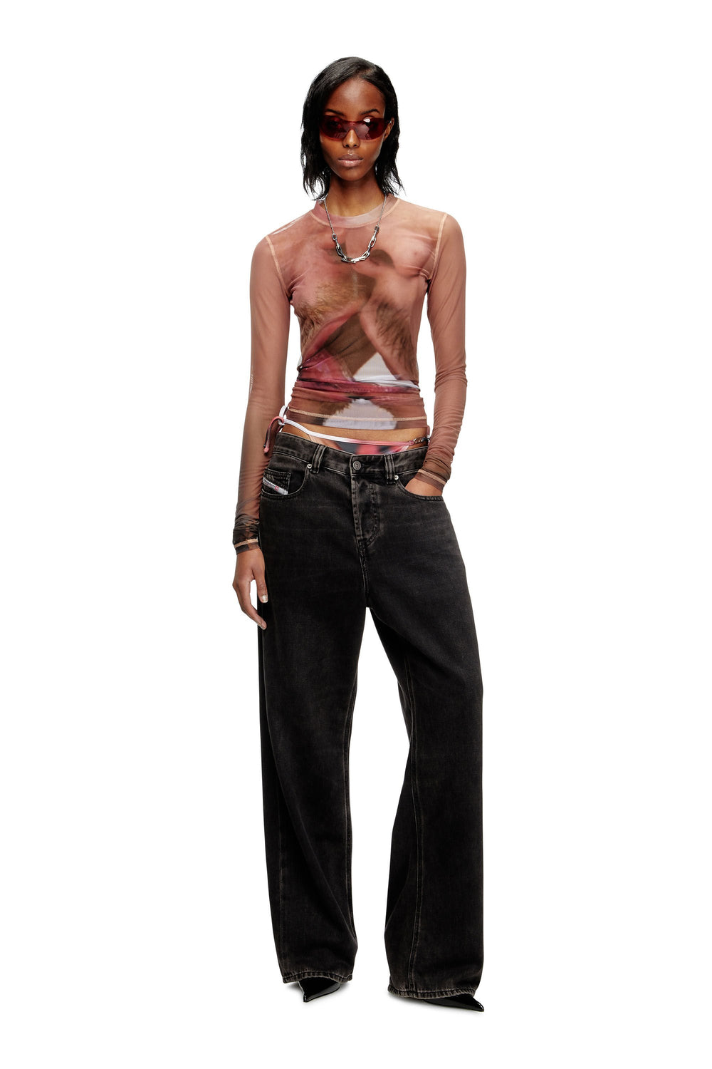 Women's Long-sleeve top in printed technical mesh Pink