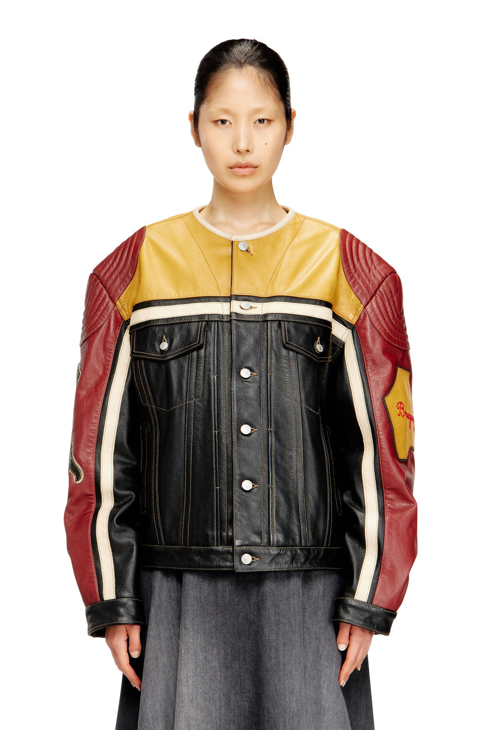 Women's Leather jacket with patch details Multicolor