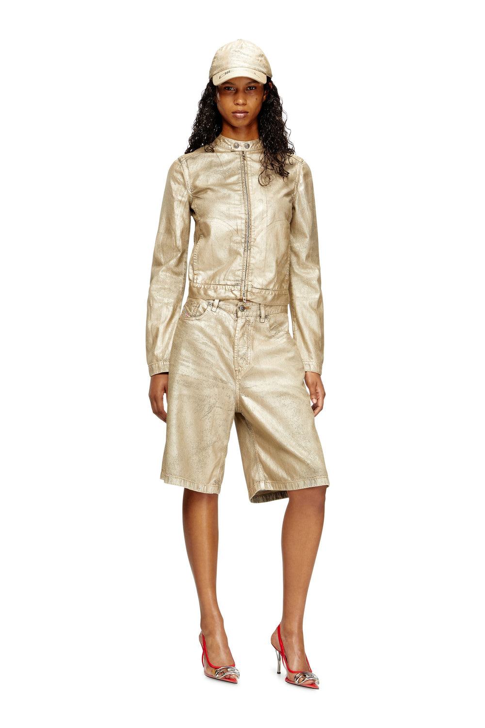 Women's Moto jacket in distressed metallic denim Gold