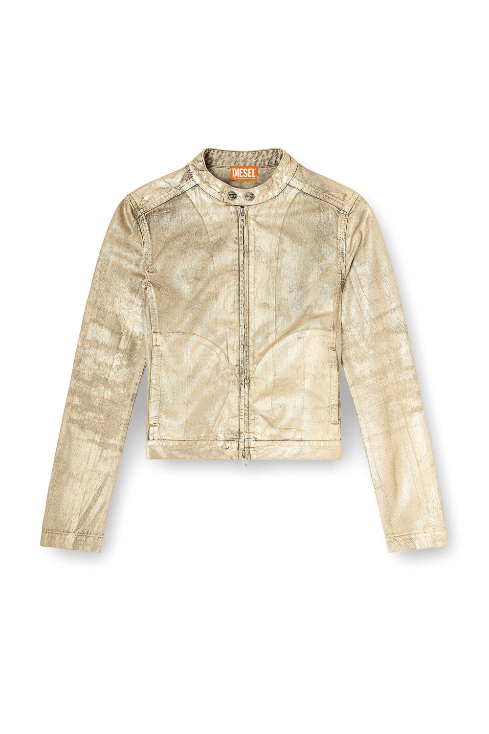 Women's Moto jacket in distressed metallic denim Gold