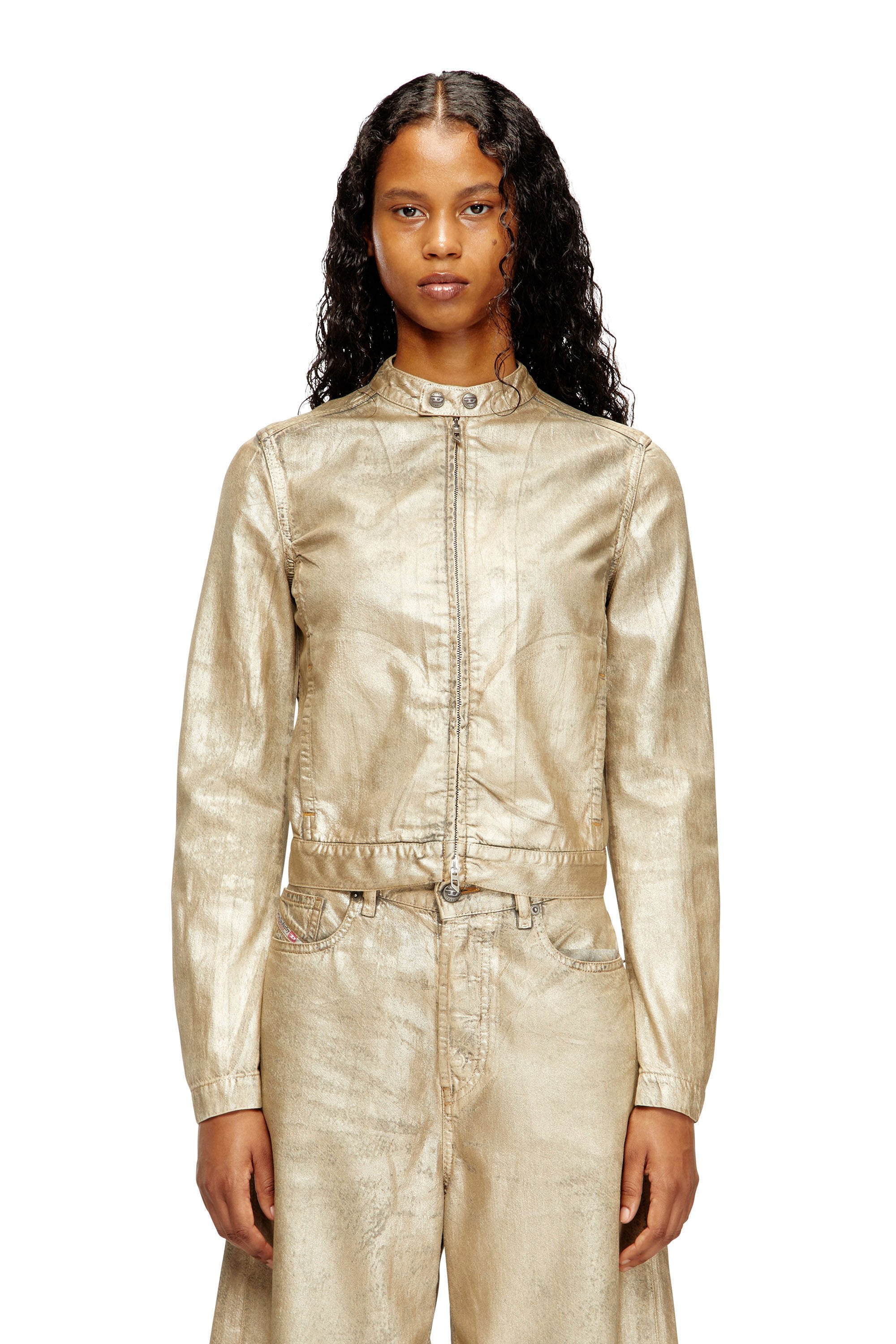 Women's Moto jacket in distressed metallic denim Gold