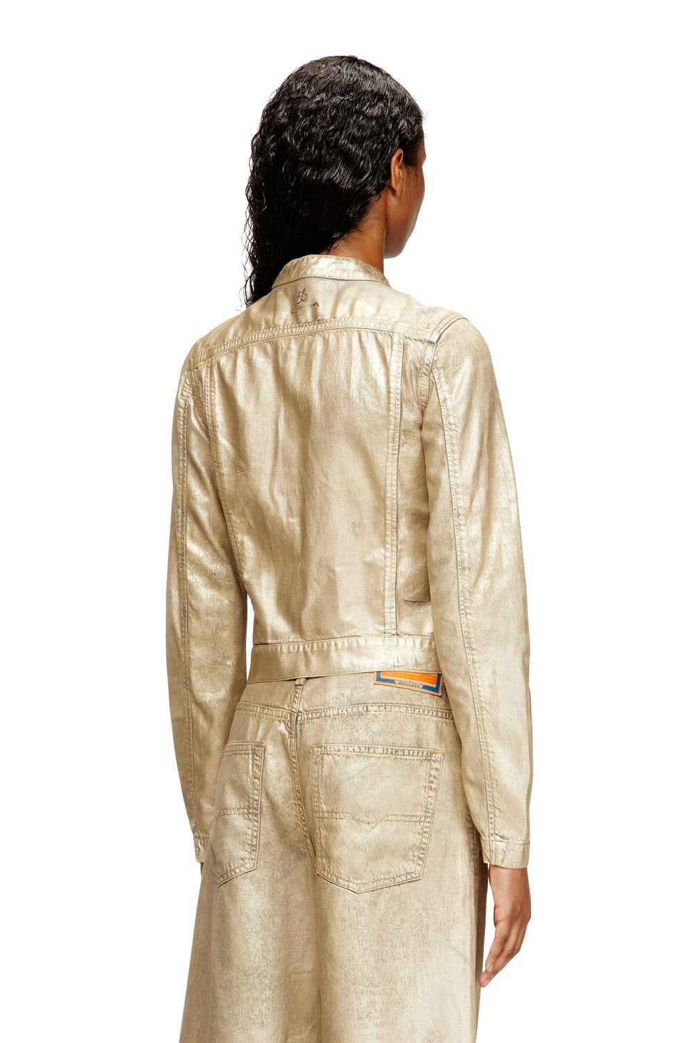 Women's Moto jacket in distressed metallic denim Gold
