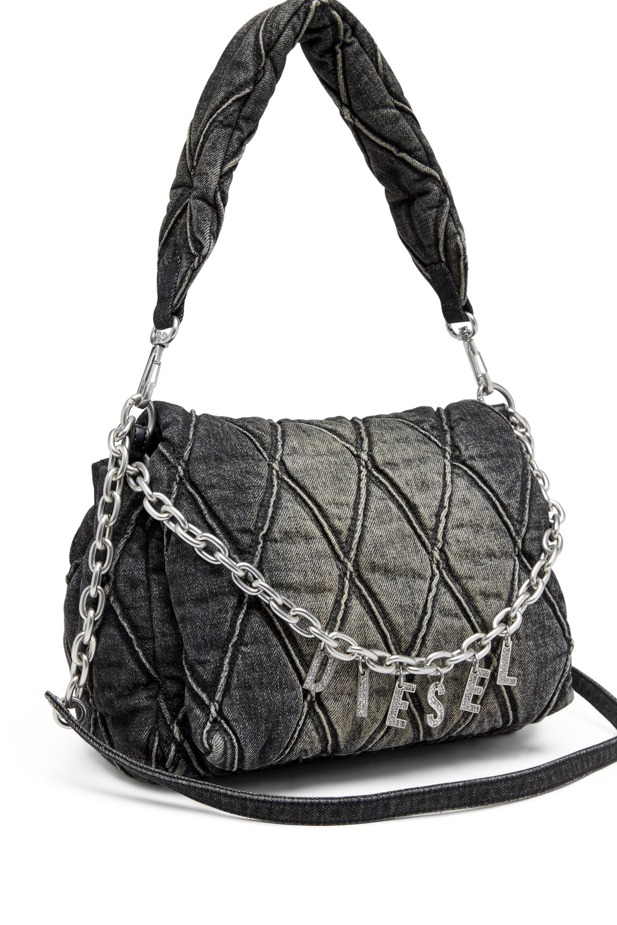 Women's Charm-D Shoulder M bag in quilted Denim Black