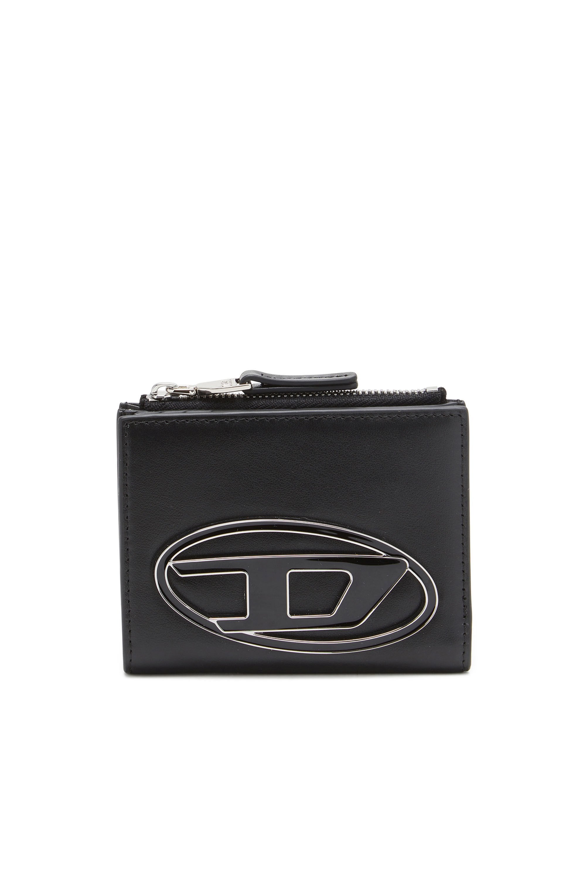 Women's Small leather wallet with logo plaque Black
