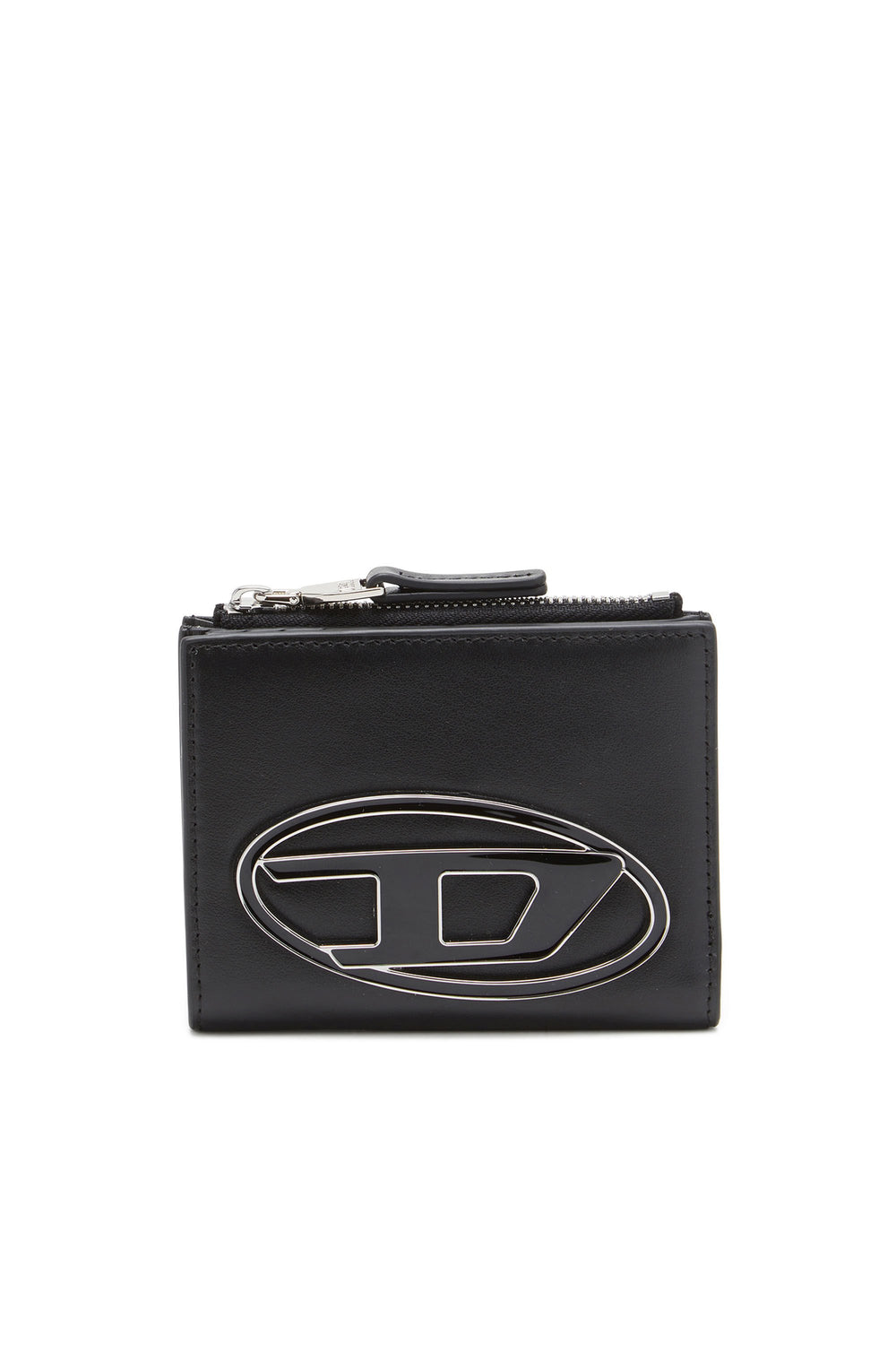 Women's Small leather wallet with logo plaque Black